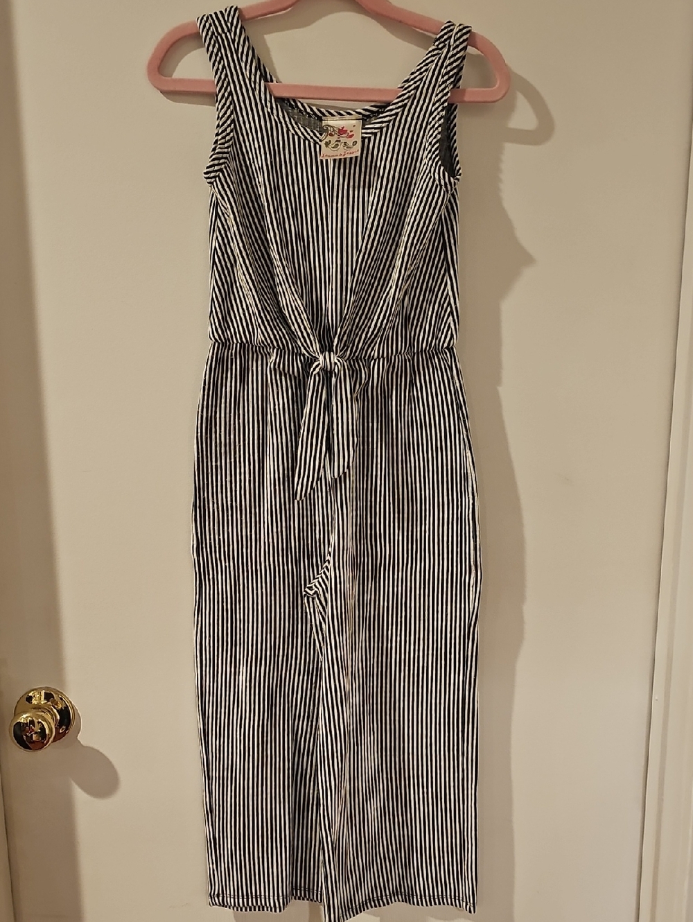 Jenna and Jessie Black & White Vertical Stripe Tie-Waist Jumpsuit Girls Sz 8